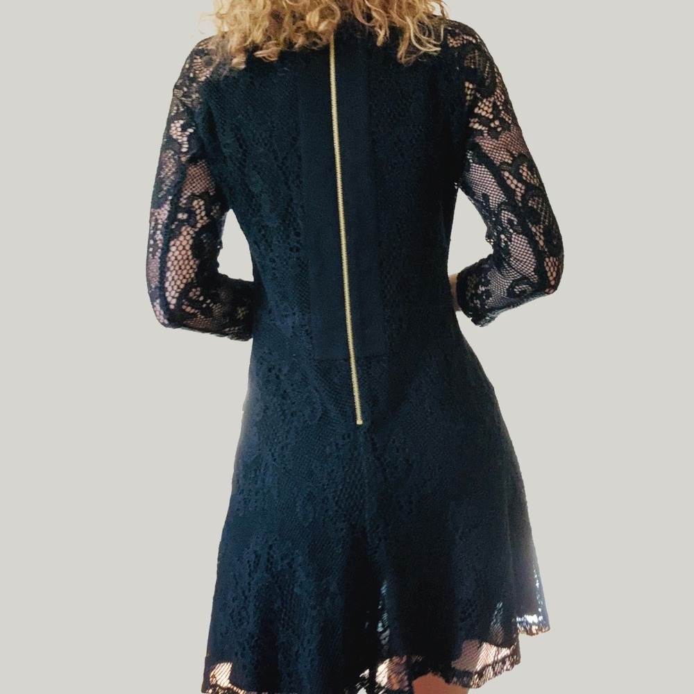 Sandro Paris Black Floral Lace Mini Dress 3/4 Sleeve Exposed Back Zip R3826E 3 - Picture 5 of 7